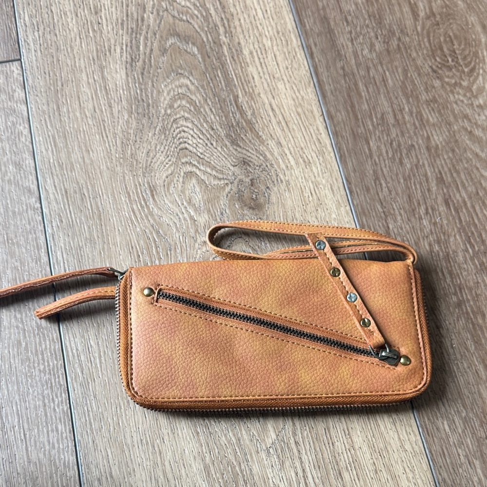Free People Tan Vegan Leather Wristlet Wallet with Diagonal Zip Pocket